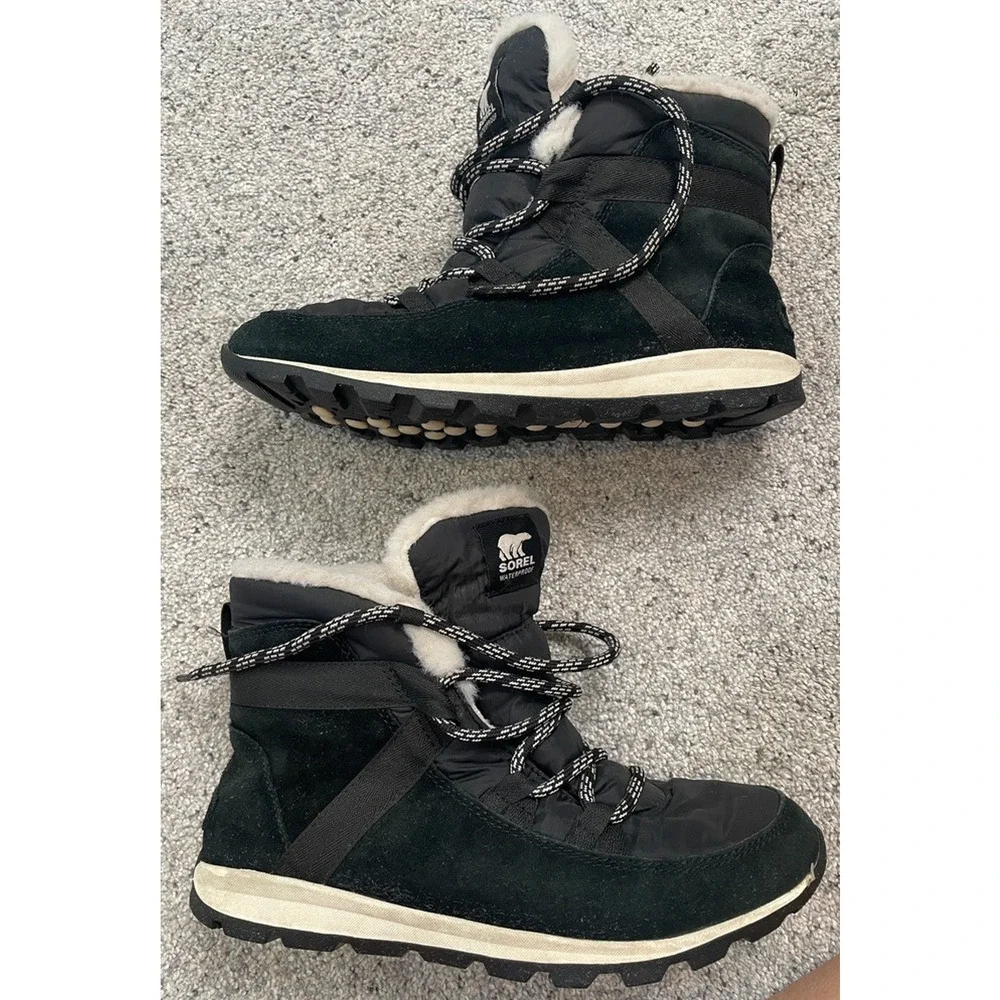 Sorel Women's Explorer Joan Waterproof Boots Sz 7.5 Suede Faux Fur Black Outdoor - Picture 1 of 16